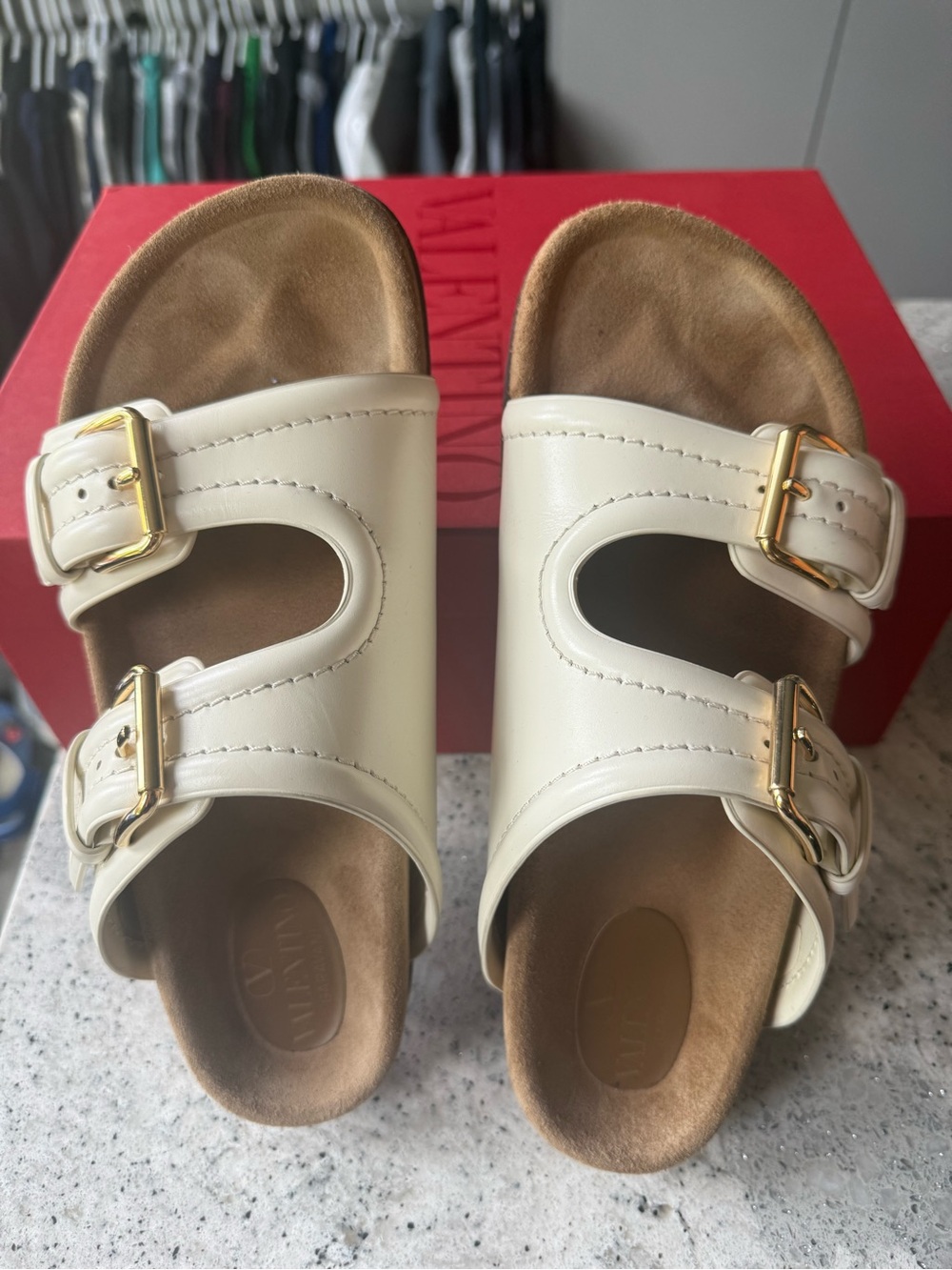 Valentino Cream Double-Buckle Slide Sandals with Gold Buckles